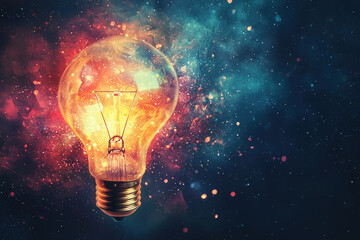 A glowing light bulb illuminates universe, surrounded by vibrant cosmic colors and abstract patterns, creating sense of wonder and inspiration