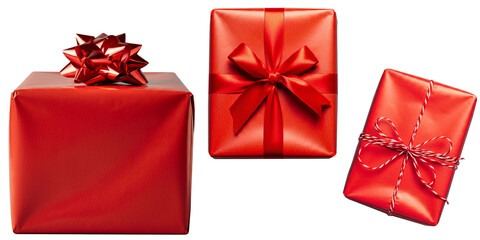 Wrapped Christmas Present Gift, Red Wrapping Paper with Red Ribbon, Event Celebration Graphic,  Isolated Transparent PNG