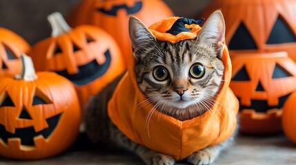 Cute Cat Dressed in Pumpkin Costume Surrounded by Halloween Pumpkins