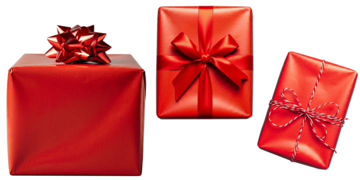 Wrapped Christmas Present Gift, Red Wrapping Paper with Red Ribbon, Event Celebration Graphic,  Isolated Transparent PNG