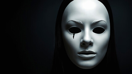 white mask and black hood. creepy dark portrait of mysterious subject. Halloween