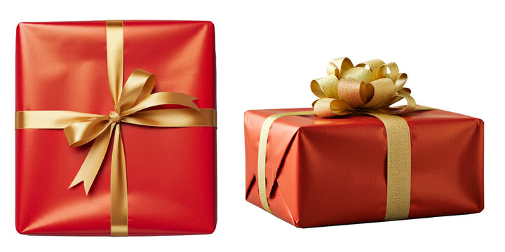 Wrapped Christmas Present Gift, Red Wrapping Paper with Gold Ribbon, Event Celebration Graphic,  Isolated Transparent PNG