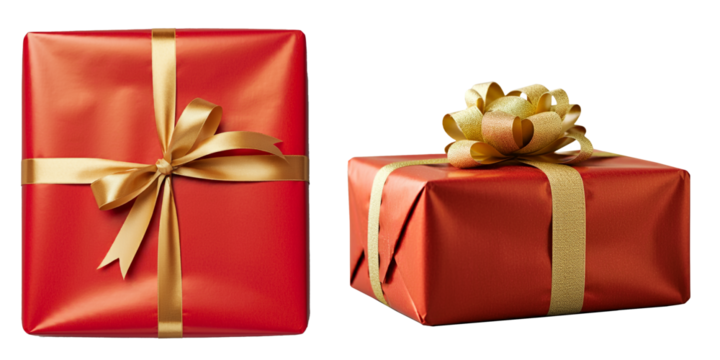 Wrapped Christmas Present Gift, Red Wrapping Paper with Gold Ribbon, Event Celebration Graphic,  Isolated Transparent PNG