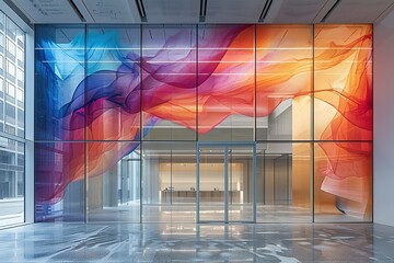 A large glass window with a colorful design on it