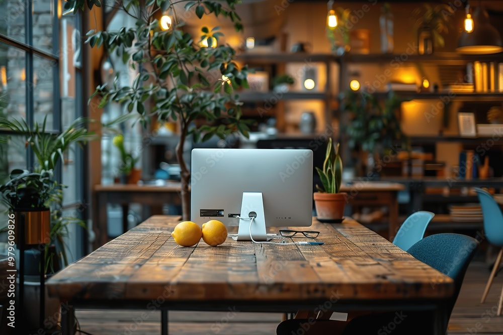 Poster a desk with a computer monitor and a bowl of lemons