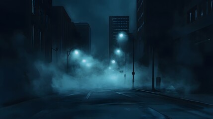 A foggy city street at night, illuminated by streetlights.