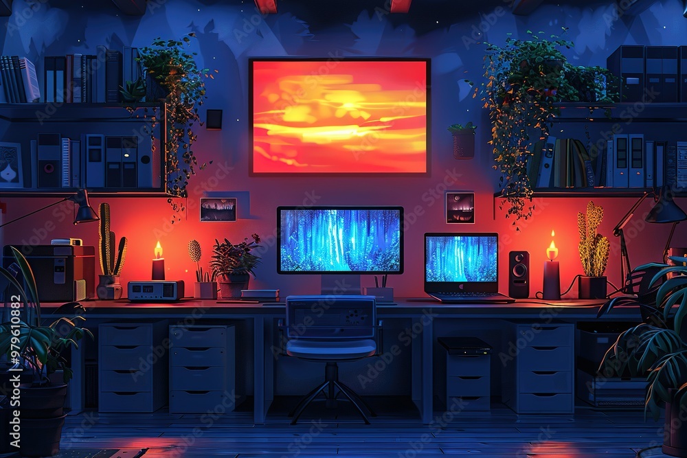 Poster a computer desk with a large monitor and two smaller monitors