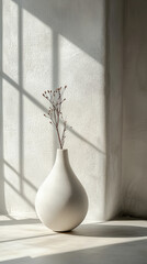 A minimalist vase with delicate branches displayed against clean white background, creating serene and elegant atmosphere. soft shadows enhance aesthetic appeal