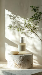 A minimalist product display featuring soap dispenser and bar of soap against clean white background, enhanced by soft shadows and natural elements, creating serene atmosphere