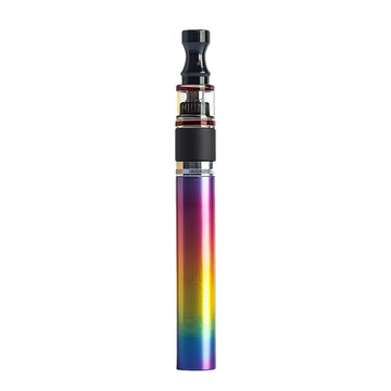 Vape pen with rainbow iridescent finish standing upright on a white background