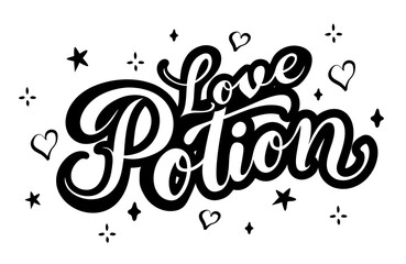 love potion t-shirt design, hand drawn lettering with creepy vibes isolated on white background, calligraphy graphic design typography element, handwritten vector sign