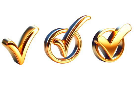 3d golden tick mark on transparent background