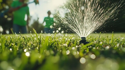 Bright Sunny Day with Sprinkler Watering Fresh Green Grass