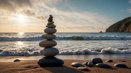 Stack of stones balanced on a beach by the ocean