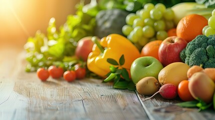 Close-up of vibrant fresh fruits and vegetables arranged in a balanced layout on a wooden table, symbolizing healthy gut nutrition and natural wellness.