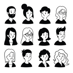 Black and white cartoon illustrations of diverse individuals showcasing a variety of expressions.
