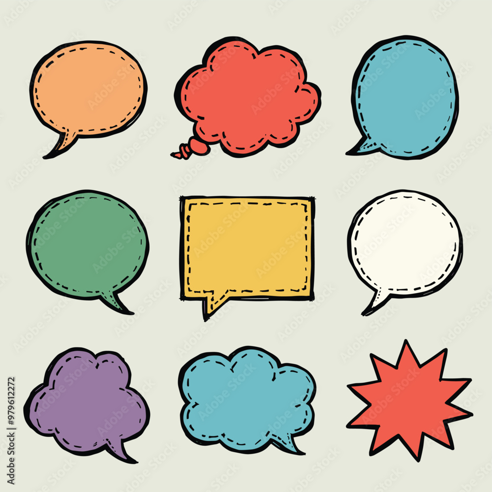 Poster a collection of colorful speech bubbles and thought clouds in various shapes and sizes on a light ba