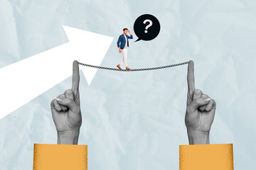 Creative collage picture young man walk chain finger arm gesture pointing questioned minded speech textbox overcome fearless