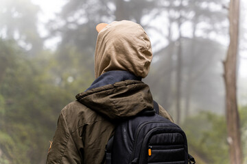 Hiker taking a route through the forest on an autumn day