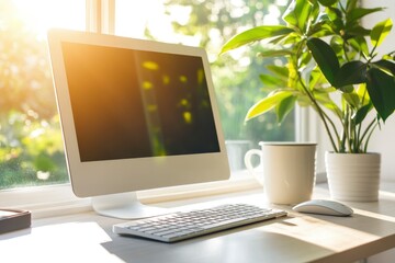 Fototapeta premium Computer Keyboard and mouse with desk on the table, Workspace with blank screen coffee cup,warm colours sun light with generative ai