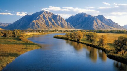 Twilight casts golden light over Mountain's symmetrical peaks and River, highlighting vibrant autumn foliage along the tranquil waterway