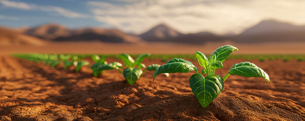 A vibrant green plant grows in self sustaining tech powered farm in desert landscape, showcasing resilience and innovation in agriculture