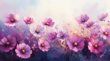A beautiful field of vibrant cosmos flowers in shades of pink, creating a dreamy and serene atmosphere in nature.