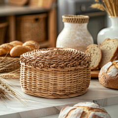 Obraz premium Handmade paper vine weaving technique creates this beautiful basket, perfect for storing bread and enhancing kitchen decor. Its natural texture adds warmth to any setting