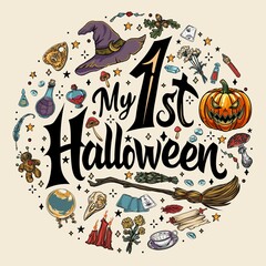 my first halloween magical collection of magic elements. Witch stuff, vector graphics, halloween t-shirt design