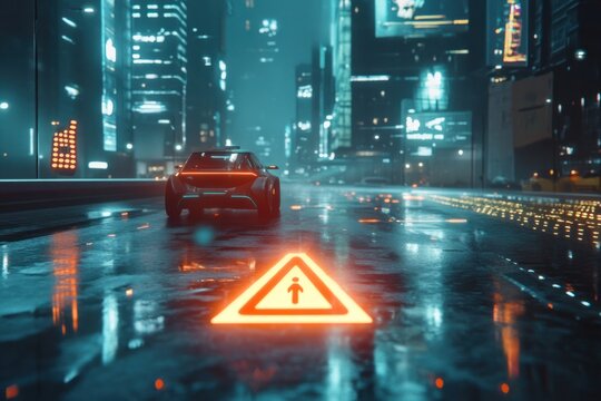 A futuristic yield sign that uses holographic technology, guiding autonomous vehicles through a high-tech urban landscape