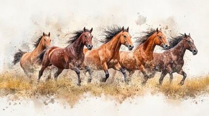 A dynamic artwork featuring horses galloping with grace and power, showcasing their beauty and strength in motion.
