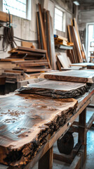 Obraz premium A beautifully crafted wooden slab showcases intricate patterns and textures in workshop filled with various wood materials. warm tones and natural grain evoke sense of craftsmanship and artistry