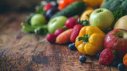 Close-up of vibrant fresh fruits and vegetables arranged in a balanced layout on a wooden table, symbolizing healthy gut nutrition and natural wellness.
