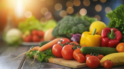 Close-up of vibrant fresh fruits and vegetables arranged in a balanced layout on a wooden table, symbolizing healthy gut nutrition and natural wellness.