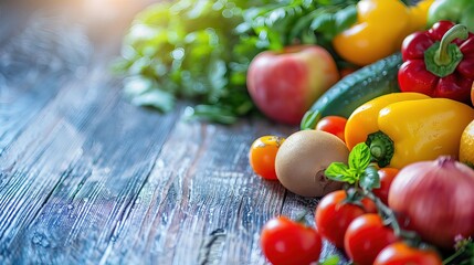 Close-up of vibrant fresh fruits and vegetables arranged in a balanced layout on a wooden table, symbolizing healthy gut nutrition and natural wellness.