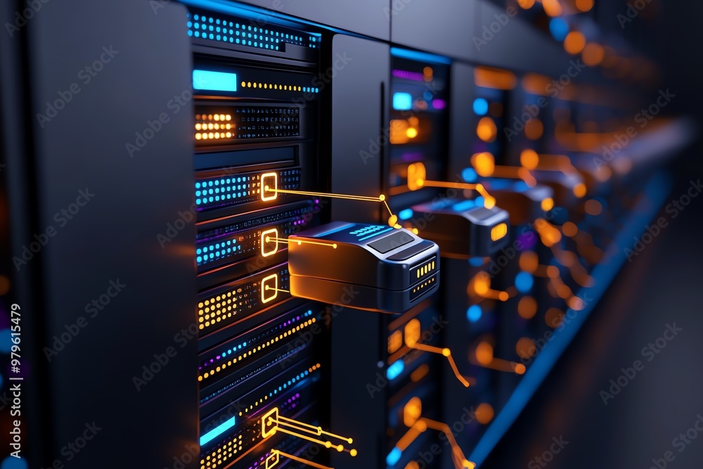 Aufkleber A digital representation of data flowing between databases, with lines of code and data streams connecting various servers