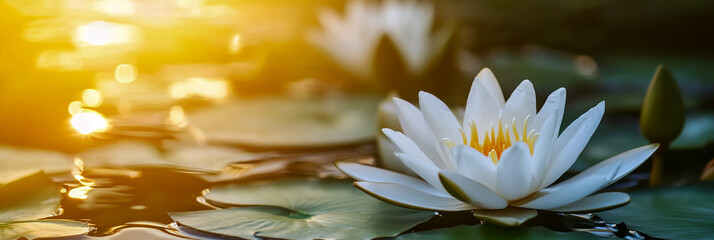 Beautiful white water lily flowers in the pond with lotus leaves at sunset.