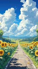 Fototapeta premium A picturesque landscape featuring a vibrant sunflower field and a winding road under a blue sky with fluffy clouds.