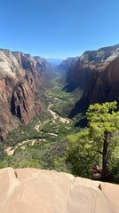 The vibrant landscape of l Park showcases towering red sandstone mountains in the background, complemented by lush green trees and a clear blue sky overhead