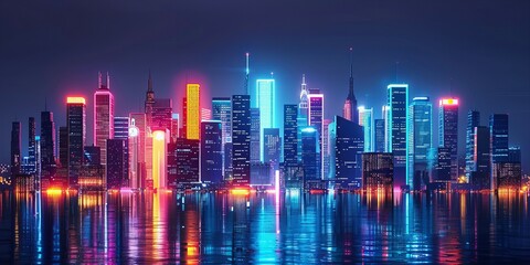 Fototapeta premium Dynamic neon cityscape skyline with vibrant night lights reflecting on the horizon in a modern urban design new beautiful stock image illustration AI