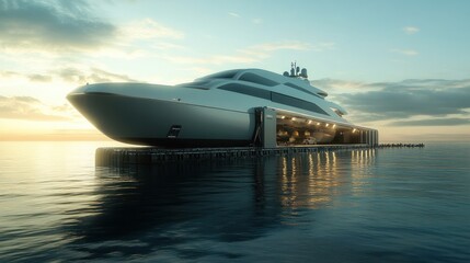A sleek, modern yacht being transported across the sea, safely secured on a large transport boat
