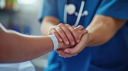 A doctor's hand gently holding a patient's hand with a medical wristband.