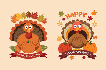 Cartoon Turkey Bird Character Set 2 Flat Vector Design, Isolated on White Background