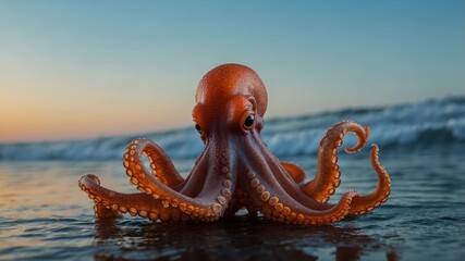 Vibrant orange octopus spreading tentacles underwater