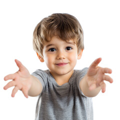 A kid reaching out as if to hug, with a soft, empathetic expression. isolated on transparency background