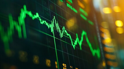 Fototapeta premium Close-up of digital stock market screen showing dividend stock graph with green upward trend line, symbolizing financial growth and investment success