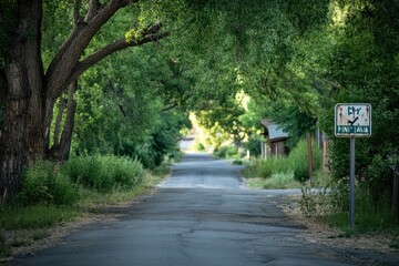 Fototapeta premium A weathered one-way sign in a small town, directing traffic down a quiet, tree-lined street