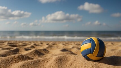 Volleyball resting on smooth sandy beach with ocean background