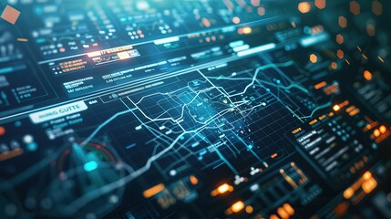 Obraz premium Futuristic digital interface with real-time crime prediction data, map highlighting high-risk areas and crime trends, clean dark background emphasizing advanced technology.
