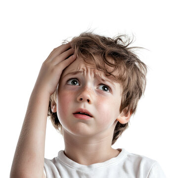 A kid scratching their head with a puzzled expression, eyebrows furrowed, and mouth slightly open in bewilderment. isolated on transparency background